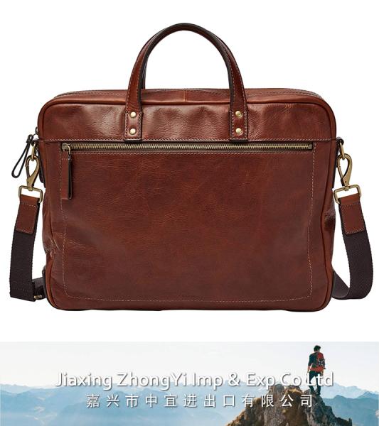 Leather Double Zip Briefcase, Messenger Laptop Bag