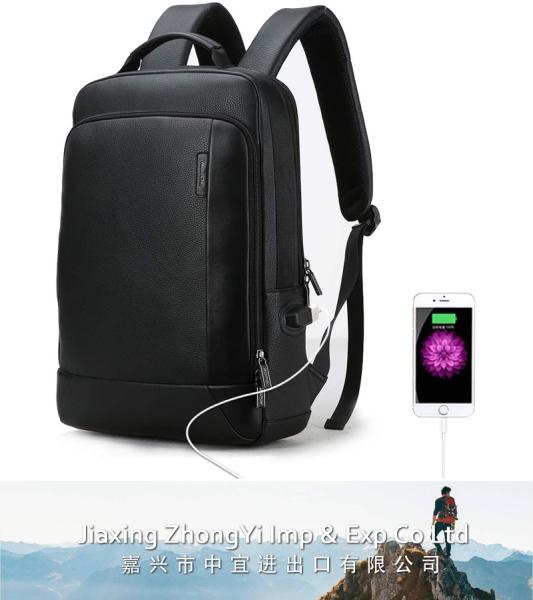 Leather Laptop Backpack, USB Charging Travel Backpack